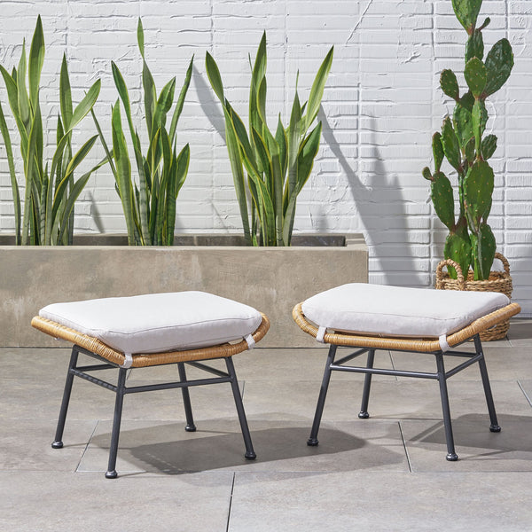 English Elm Christopher Knight Home® - Montana Light Brown Faux Rattan Outdoor Ottoman Set of 2 with Water-Resistant Cushions, Steel Frame Durable Elegance 65045.00LBRN
