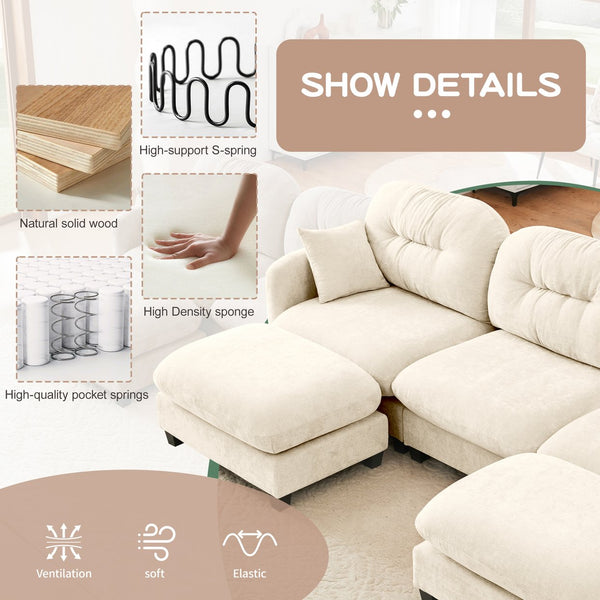 English Elm Modular U-Shaped Sectional Couch With Ottoman, Premium Chenille, Tufted Backrest, 2 Pillows, Beige W714S01369