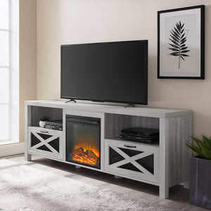 English Elm Walker Edison - Industrial Farmhouse Metal Mesh Drop-Down X-Door 70" Fireplace Tv Stand For 80" Tvs - Stone Grey