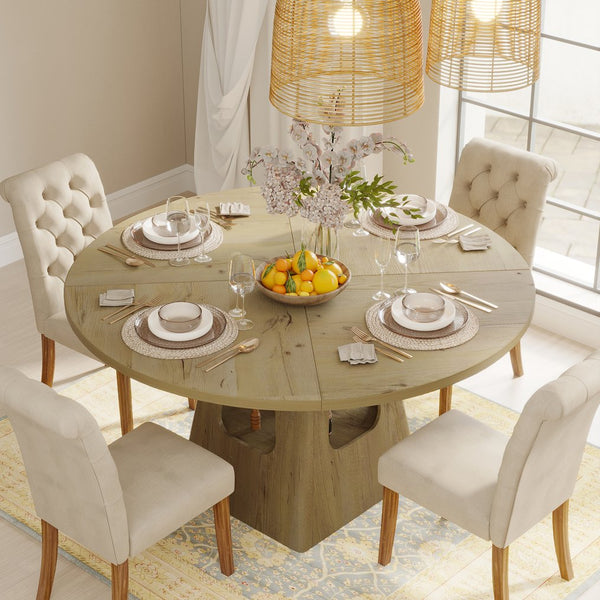 English Elm Round Farmhouse Dining Table 47 Inch Wooden Top with Lower Storage Shelf Seats Six Natural W757P367148