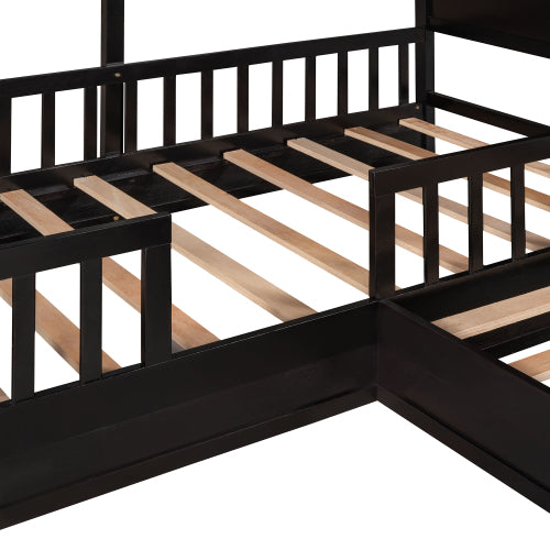 English Elm Wood House Bed L-shaped Twin Frame Pinewood Kids Room Peaked Roofline Espresso Finish LP001345AAP