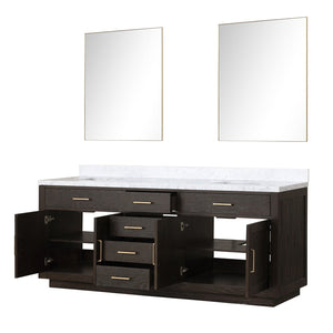 English Elm Brown Oak Double Bathroom Vanity with Carrara Marble Top and Frameless Mirrors B2731S01552