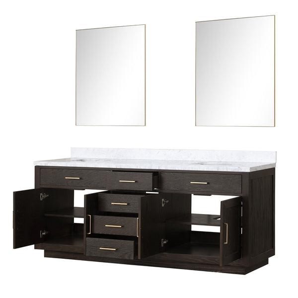 English Elm Brown Oak Double Bathroom Vanity with Carrara Marble Top and Frameless Mirrors B2731S01552