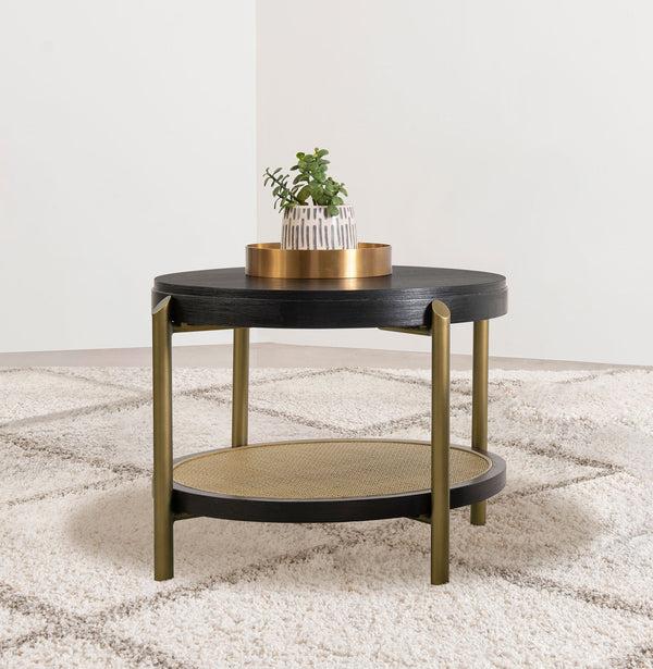 English Elm Round Two Tier Side Table with Rattan Shelf Aged Brass Legs for Living Room Black B016P469756