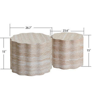 English Elm Set of 2 Round Coffee Tables Beige Brown Faux Mars Pattern MDF, Space-Saving Modern Accent Tables W3040P382320