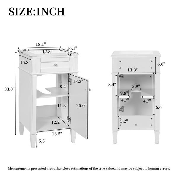 English Elm 18-inch French Style Freestanding Bathroom Vanity with Ceramic Sink Soft Close Storage White N710P411340K