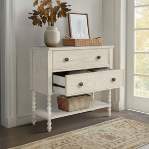 JLA Home Madison Park Signature - 2 Drawer Accent Chest with Solid Wood Frame, Turned Legs, Antique White Finish & Deep Storage Antique Cream MPS130-0299