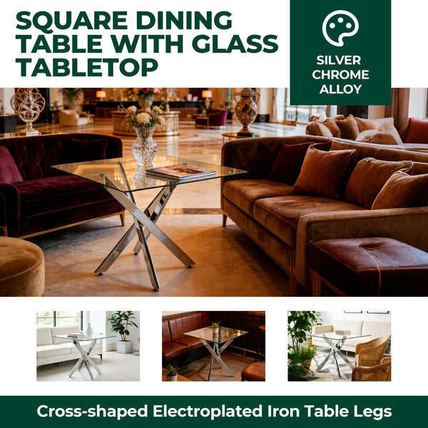 English Elm Dining Table Square Tempered Glass Top Cross Metal Base Modern Space Saving Design W234P235266