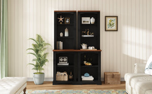 English Elm On-trend Two Piece Walnut Veneer Freestanding Bookcase Set with Curved Sculptural Black N721P394507B