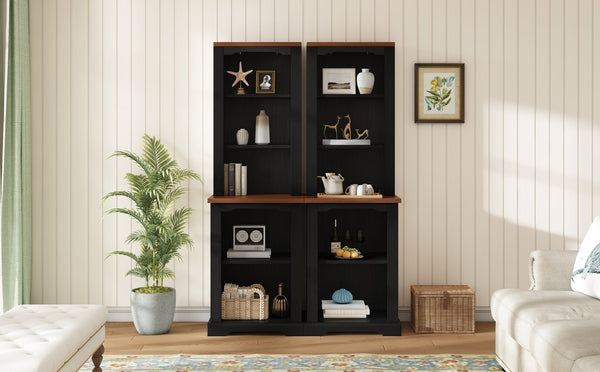 English Elm On-trend Two Piece Walnut Veneer Freestanding Bookcase Set with Curved Sculptural Black N721P394507B