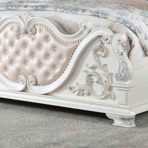 English Elm Pearl White Queen Bed Baroque Carved Tufted Headboard Formal Master Bedroom Statement B2741S00808