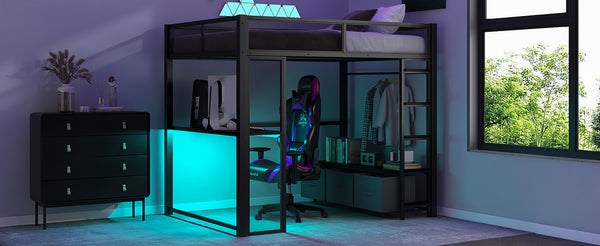 English Elm Full Metal Gaming Loft Bed with LED Lighting, Built-In Desk, Open Wardrobe and 3 Drawers for Space-Saving Comfort Black GX001133AAB