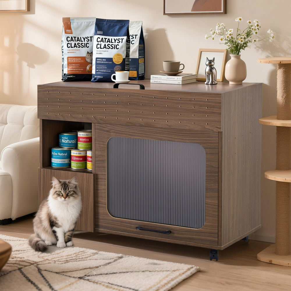 English Elm 2 IN 1 Multi-use Cat Litter Box Enclosure Walnut Side Table with Storage, Mid-Century Modern Buffet Cabinet, Flip-Up Door, Rollers, Large Capacity — 35.5"L x16.3"W x27.2"H N843P254845W