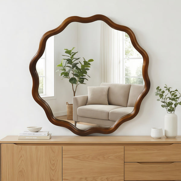English Elm Black Walnut Solid Wood Wavy Round Mirror Sculptural Bohemian Wall Accent 30 Inch W2203P455238