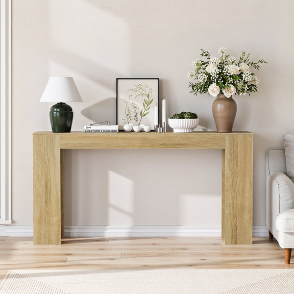 English Elm 62.99-inch Farmhouse Console Table Slim Entryway Sofa Accent with Rustic Wood Finish Oak W1706P399676