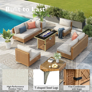 English Elm K&K 8-Piece Patio Conversation Set with 43" 60,000 BTU Propane Fire Pit, UV Wicker & Thick Cushions Beige,Orange N707S000012Z