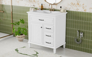 English Elm 30 Inch Freestanding Bathroom Vanity Solid Pine Cabinet Ceramic Sink Top Storage White N725P412782K