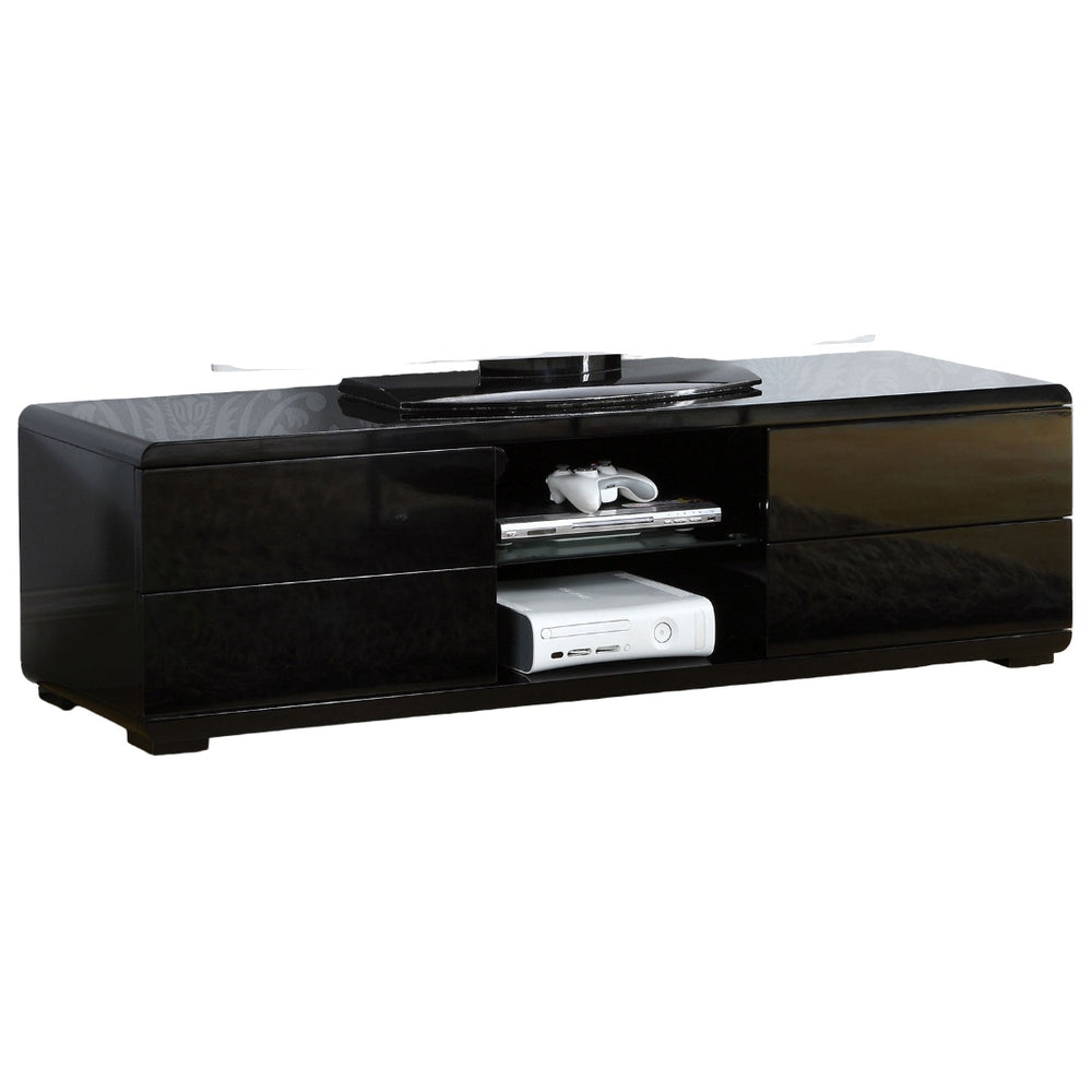 English Elm Black High Gloss Lacquer TV Console 59"W with Full-Extension Drawers, Open Shelves & Rear Access B2741P362546