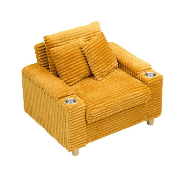 English Elm Orange Corduroy Single Sofa with Ottoman Storage, Built-In Armrest Compartments, Removable Pillow Covers W1658S00140