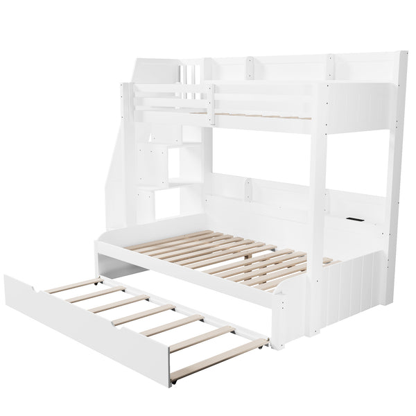 English Elm Twin Over Full Bunk Bed with Stair Drawers Shelves Led Lighting and Usb Port White N7090005013K