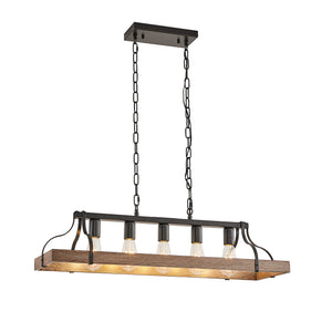 English Elm 34-Inch Industrial Pendant Light with 5 E26 Sockets, Adjustable Chain, Iron Linear Chandelier for Kitchen Walnut W2312P374834