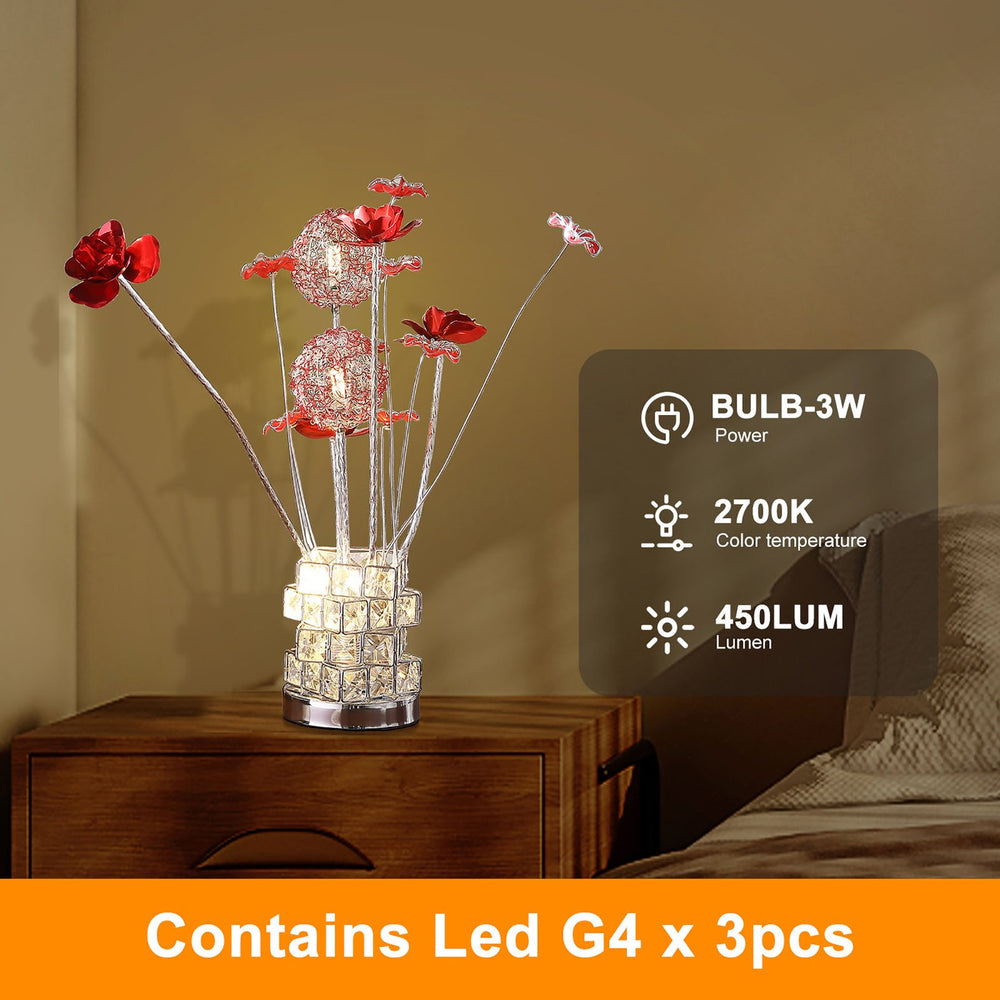 English Elm Aluminum 4 Red Roses Table Lamp With Hexagonal Chrome Vase - Modern Led Decor For Living Spaces B072P220156