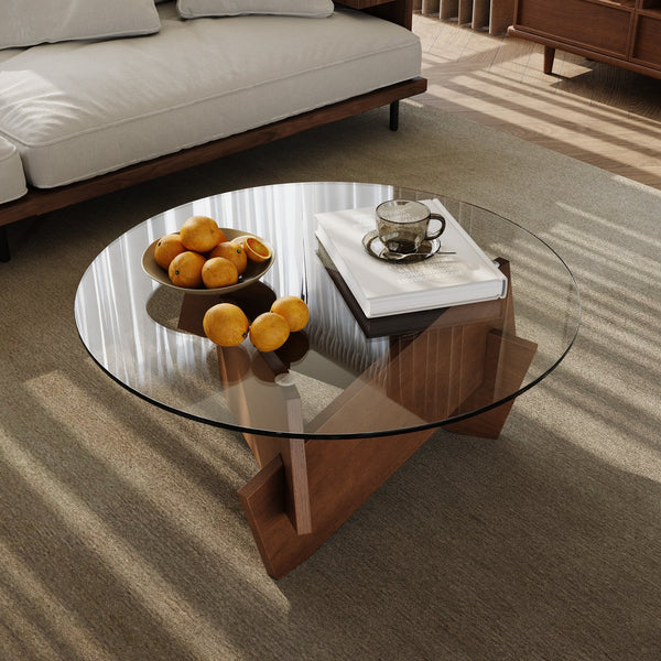 English Elm Modern Round Glass Top Coffee Table with Sculptural Wood Veneer Base for Living Room W2263P434052