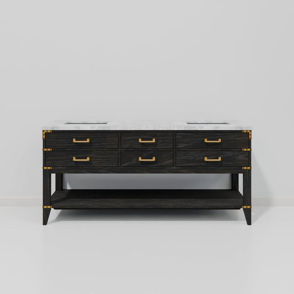 English Elm Black Oak Double Bath Vanity With Carrara Marble Top – Elegant Design, Spacious Storage & Soft-Close Drawers B2731P261045