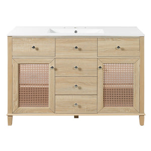 English Elm 48-inch Rattan Bathroom Vanity Solid Wood Frame Five Drawers Ceramic Sink Coastal Boho N765P38884950E