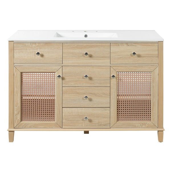 English Elm 48-inch Rattan Bathroom Vanity Solid Wood Frame Five Drawers Ceramic Sink Coastal Boho N765P38884950E