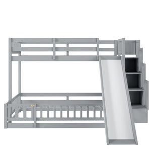English Elm Twin Over Full Bunk Bed Solid Pine Frame with Built-in Slide and Storage Staircase Grey W504S00289