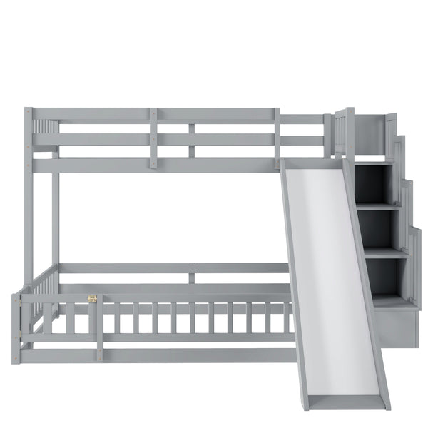 English Elm Twin Over Full Bunk Bed Solid Pine Frame with Built-in Slide and Storage Staircase Grey W504S00289