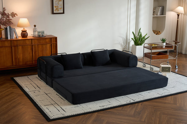 English Elm Convertible Sleeper Sofa Bed with Corduroy Upholstery, 4‑in‑1 Folding Couch Mattress, Space‑Saving Lounge Black W3434P346241