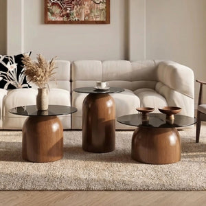 English Elm Nesting Coffee Tables Set of 3 Round Tempered Glass Tops Walnut Steel Base Living Room W2920S00149
