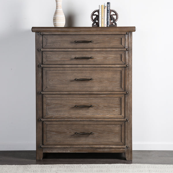 English Elm Transitional Brown Oak Five Drawer Tall Chest Smooth Glides Bedroom Storage B2741P372705