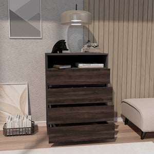 English Elm Alpine 4-Drawer Dresser in Matte Gray with Triple-Tone Walnut Accents, Compact Storage & Smooth Glides B200P335298
