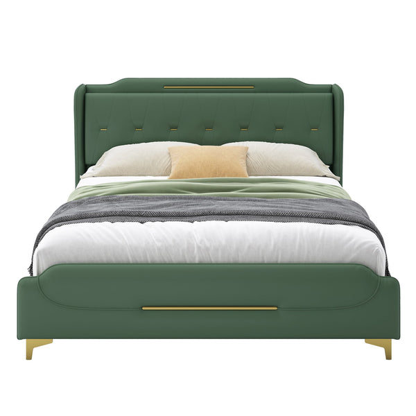 English Elm Christopher Knight Home® - King PU Leather Bed Frame with Wingback Headboard & Footboard, Gold Accents, Platform Slat Support, Elegant Design Green 77.5 L x 21 W x 5.25 H N761S0000012G