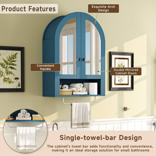English Elm Wall Mounted Arched Cabinet Tempered Glass Doors Led Lighting Adjustable Shelves Bathroom Turquoise T3210P471558