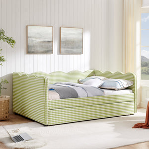 English Elm Full Size Gingham Linen Daybed with Wave Backrest Trundle and Usb Charging Port Green W1413S00139