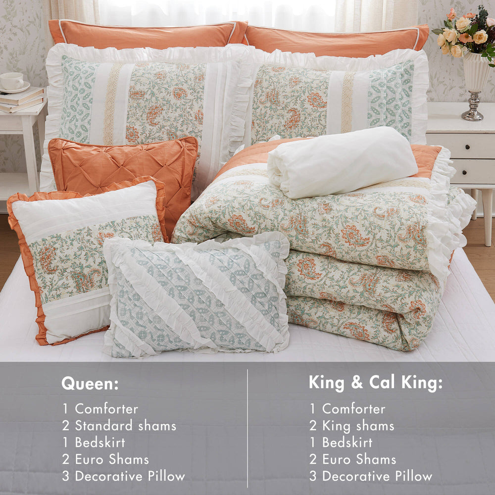 English Elm 9 Piece Cotton Percale Comforter Set - Elegant Coral King Bedding With Paisley Print & Pillows B03596895