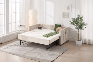 English Elm Twin Velvet Upholstered Daybed with Trundle, V-Pattern Backrest, USB Port, Side Pockets, Sturdy Design Beige W1361S00041