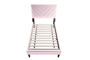 English Elm 1pc Twin Platform Bed Velvet Upholstered Adjustable Headboard V-stitch Blush Bedroom Light Pink B011P415213