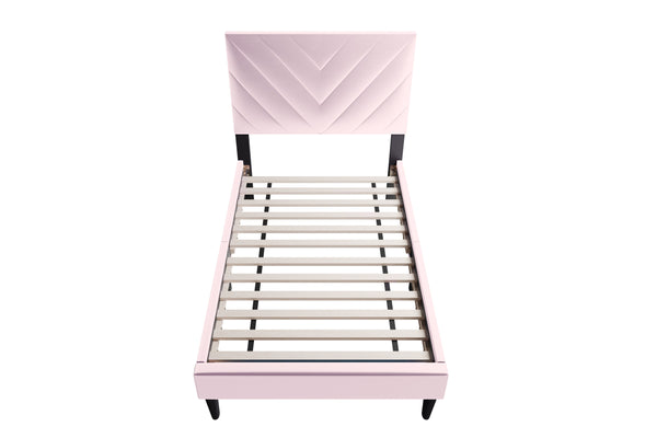 English Elm 1pc Twin Platform Bed Velvet Upholstered Adjustable Headboard V-stitch Blush Bedroom Light Pink B011P415213