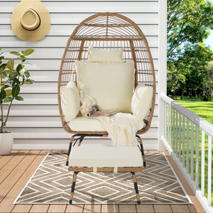 English Elm Wicker Oversized Egg Chair with Ottoman and 3.2" Thick Cushions, Handwoven PE Rattan, Weatherproof Comfort Beige W874P264667