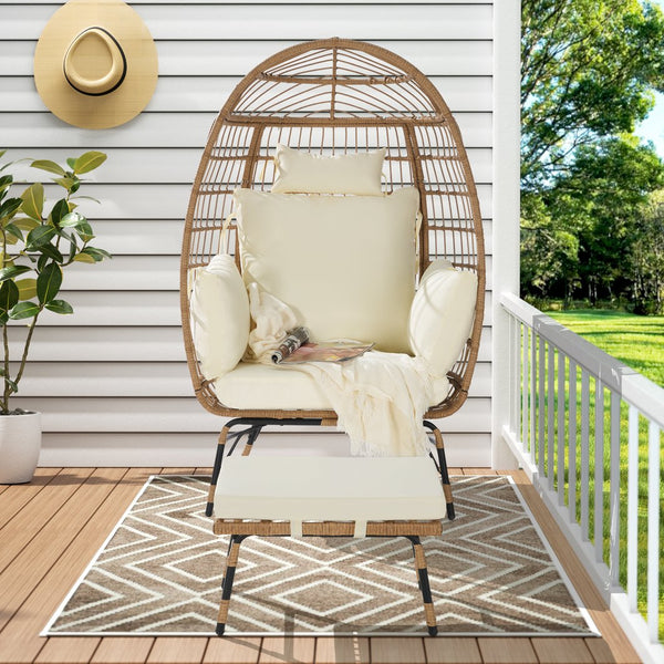 English Elm Wicker Oversized Egg Chair with Ottoman and 3.2" Thick Cushions, Handwoven PE Rattan, Weatherproof Comfort Beige W874P264667