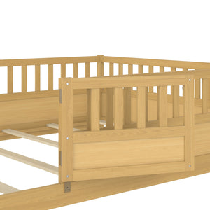 English Elm Full Full-Size Montessori Floor Bed with High Safety Fence, Clockwise Door, Pine Frame & Support Slats Natural Wood W1858P310086
