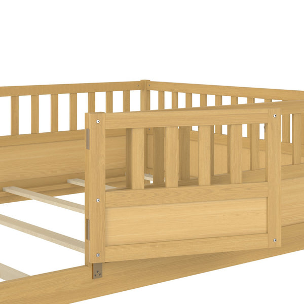 English Elm Full Full-Size Montessori Floor Bed with High Safety Fence, Clockwise Door, Pine Frame & Support Slats Natural Wood W1858P310086