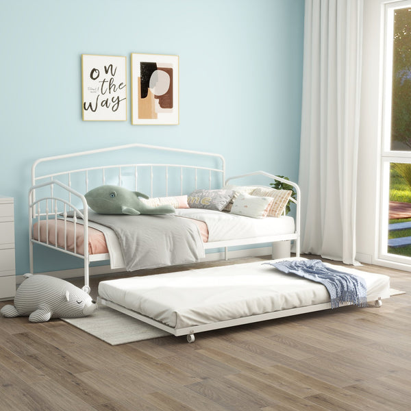 English Elm Fox Twin Daybed with Twin Trundle Metal Frame, Easy-Glide Casters, Anti-Noise Slats, No Box Spring Needed White B083P154255