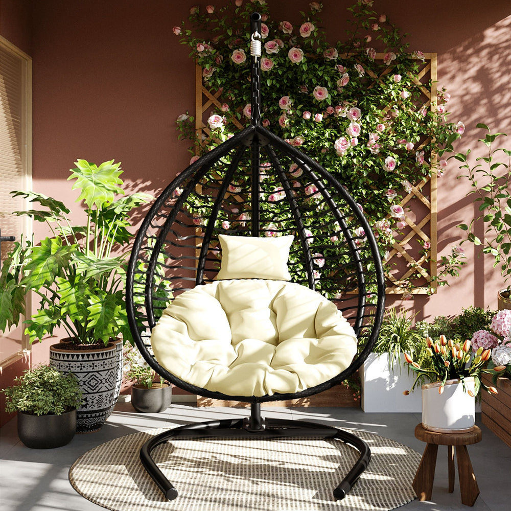 English Elm U_style Wicker Egg Swing Chair with Iron Stand Foldable Hanging Seat for Porch Balcony N711P389502A