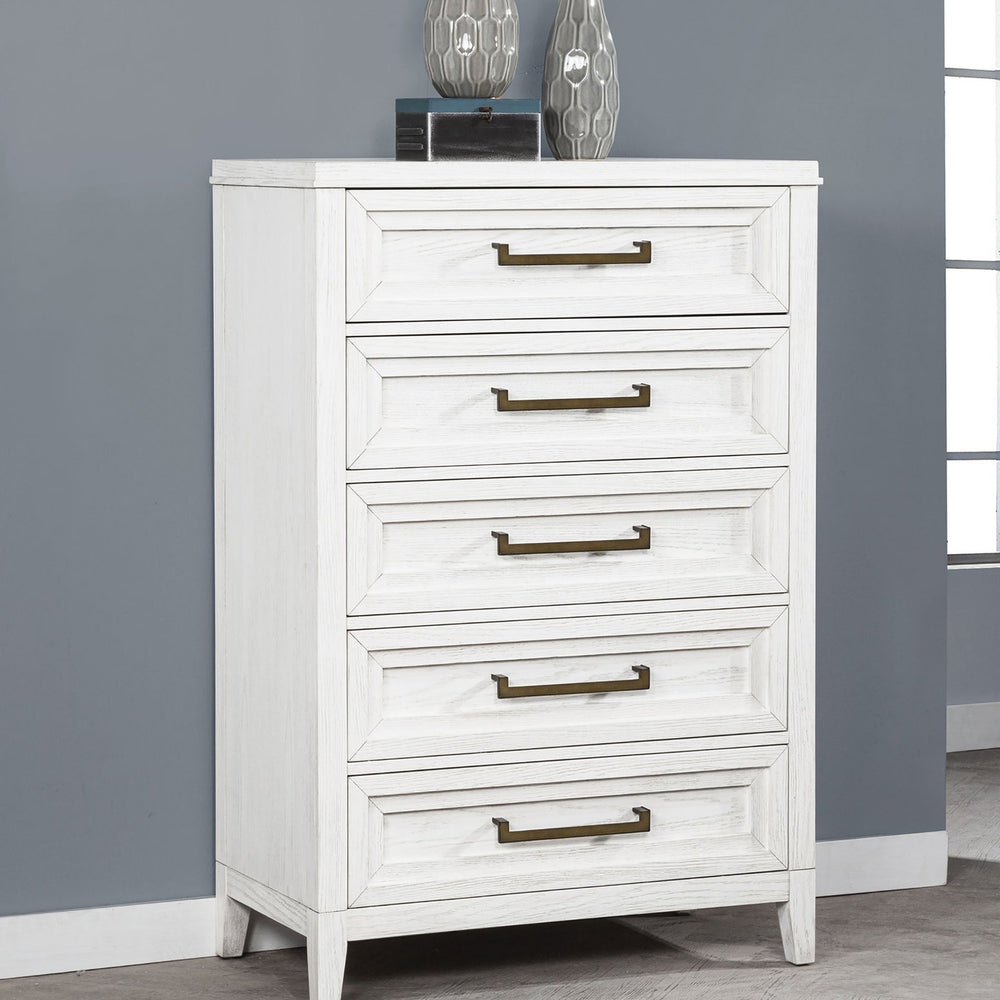 English Elm Inverness Five Drawer Farmhouse Chest with Crown Molding and Distressed Wood Finish B062P447819